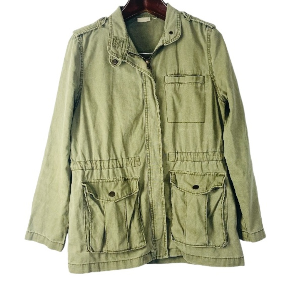 BP Full Zip Field Utility Jacket Green Long Sleeve Pockets Drawstring Waist